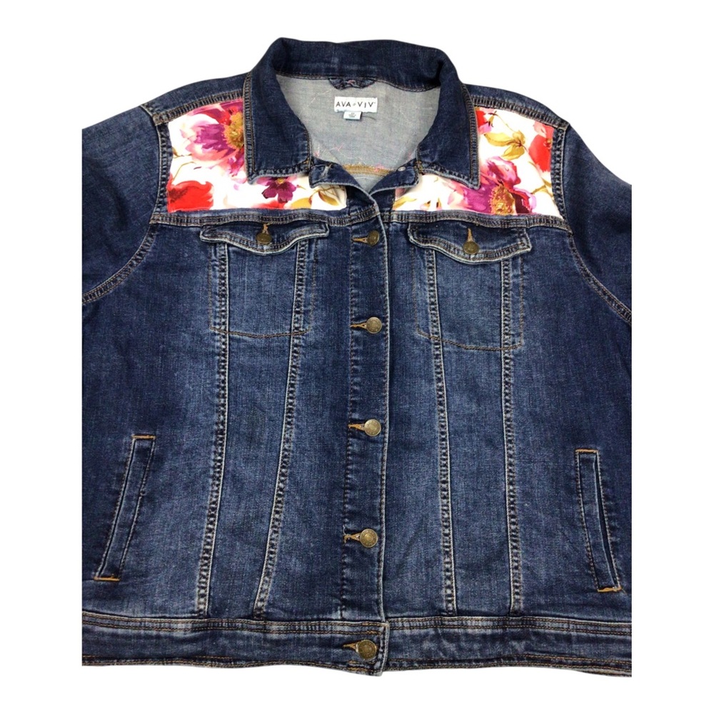Upcycled Ava & Viv Floral-Accent Dark Blue Denim Jacket One of a Kind 3X - Picture 3 of 9
